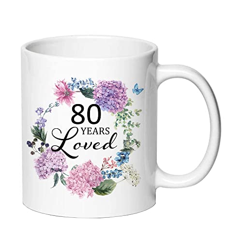 80 Years Loved 11oz White Ceramic Letter Print Mug - 80th Birthday Gift for Women