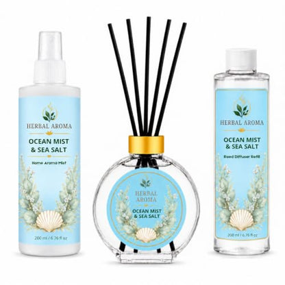Herbal Aroma Ocean Mist & Sea Salt Home Fragrance Set - Reed Diffuser & Spray