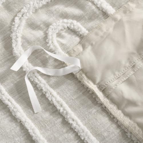 Beige Queen Cotton Linen Texture Boho Duvet Cover Set with Embroidery