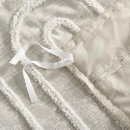 Beige Queen Cotton Linen Texture Boho Duvet Cover Set with Embroidery