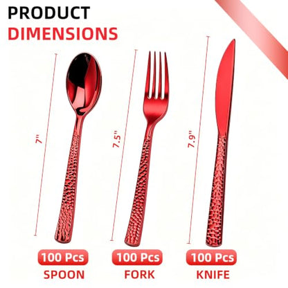 Red Plastic Silverware Set - 300 Count for 100 Guests, Festive Disposable Cutlery with Hammered Design - Variation of 300 Count Red Set
