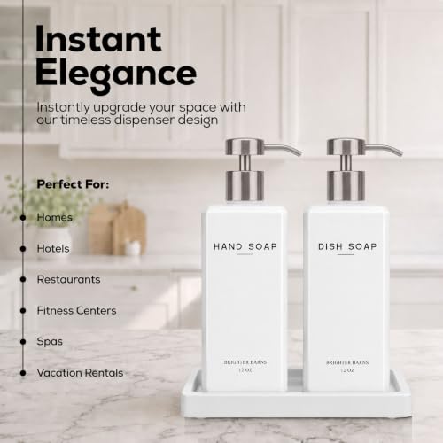 White Glass Hand and Dish Soap Dispenser Set with Pump & Tray - 12oz Kitchen Decor