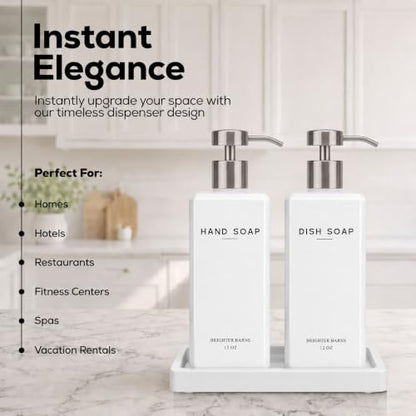 White Glass Hand and Dish Soap Dispenser Set with Pump & Tray - 12oz Kitchen Decor