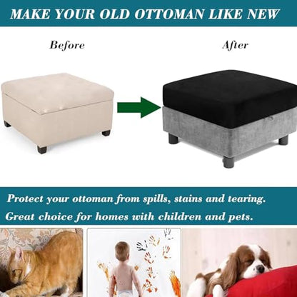 White Velvet Square Ottoman Slipcover 22x22 inch - Non-Slip & Stretchable
