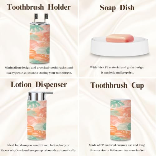 6-Piece Bathroom Accessory Set with Monstera Leaves - Tropical Bathroom Decor