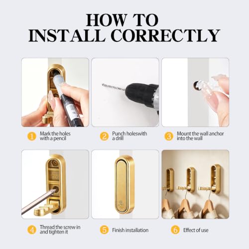 2PCS Gold Foldable Wall Hooks - 90° Screw Mounted Heavy Duty Hangars