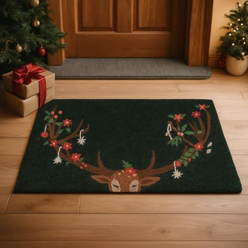Reindeer Christmas Door Mat - 16 x 28 Inches Natural Coir Rug, Rustic Holiday Decor