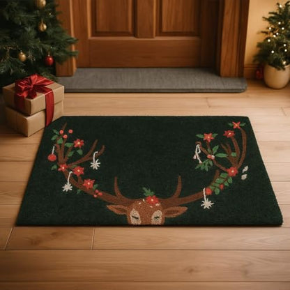 Reindeer Christmas Door Mat - 16 x 28 Inches Natural Coir Rug, Rustic Holiday Decor