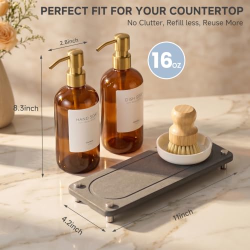 Kitchen Soap Dispenser Set 2 Pack - Amber Glass with Gold Pumps & Accessories