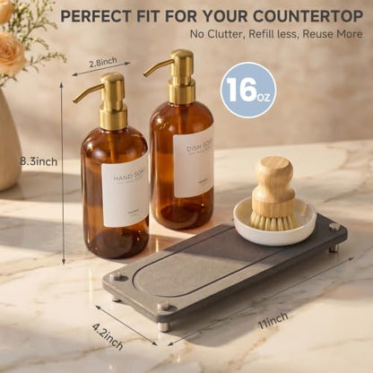 Kitchen Soap Dispenser Set 2 Pack - Amber Glass with Gold Pumps & Accessories