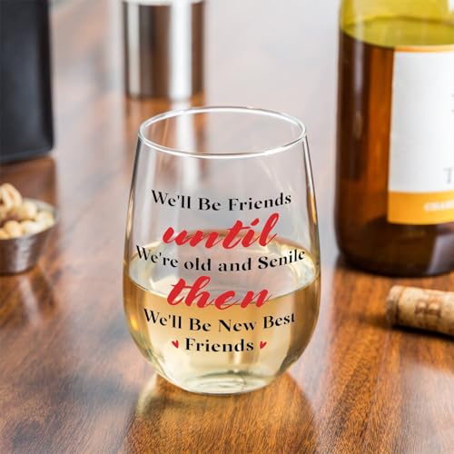 Funny Best Friends Wine Glass Gifts - We'll Be New Best Friends 15 OZ Stemless Glass for Women BFF Sister