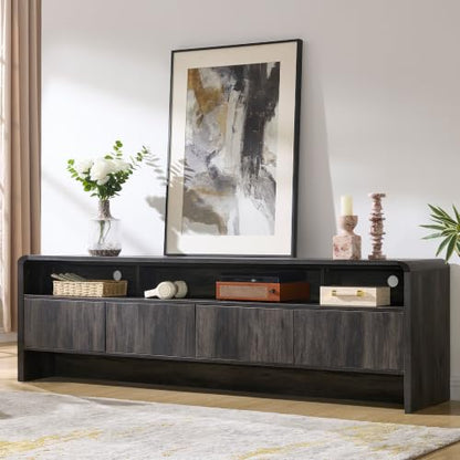 Amerlife 70-Inch Modern Curved TV Stand with Storage - Black, Flat Panel