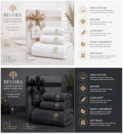 Dark Gray Luxury Cotton Bath Towel Set - 4 Piece, 500 GSM, Soft & Absorbent