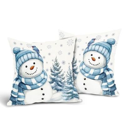 Sky Blue Christmas Snowman Pillow Covers 16x16 Inch Pack of 2 Winter Home Decor