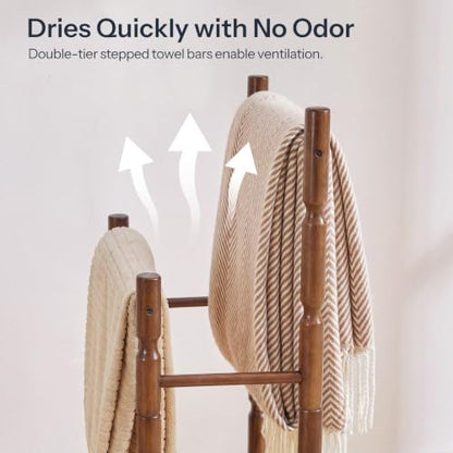 Walnut 2-Tier Freestanding Towel Rack Stand with Wood Legs and Bars