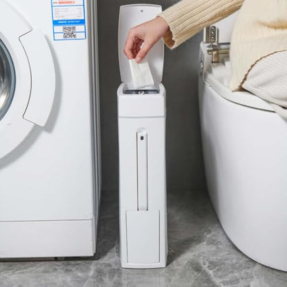Slim Bathroom Trash Can with Toilet Brush Set - Space-Saving Organizer