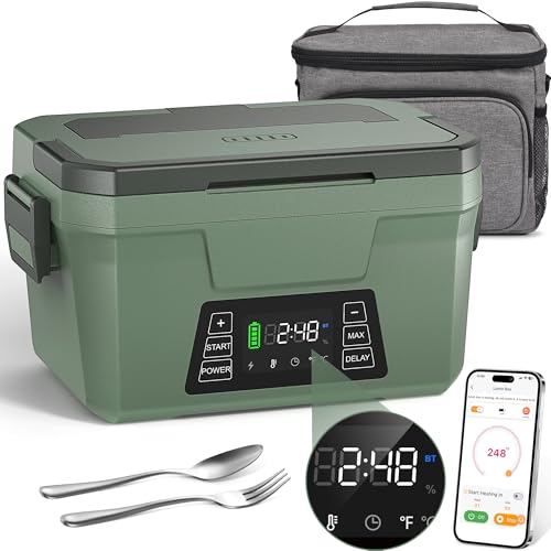 Monteka Cordless Electric Lunch Box - Dark Green, Rechargeable Food Warmer with Scheduled Heating & Keep Warm Function
