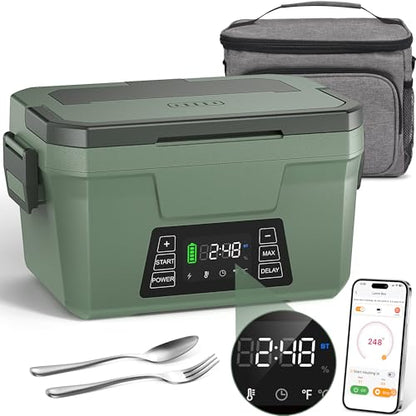 Monteka Cordless Electric Lunch Box - Dark Green, Rechargeable Food Warmer with Scheduled Heating & Keep Warm Function