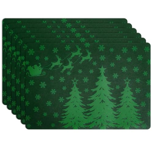 Christmas Vinyl Placemats Set of 6 - Green, Rectangular, 12 x 17 Inches - Holiday Table Decor