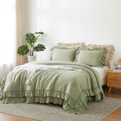 Sage Green Double Ruffle Comforter Set Queen Size Farmhouse Bedding - Soft Pre-Washed Fabric