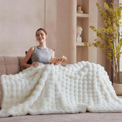 Cream White Faux Fur Throw Blanket 50x60 Plush Fuzzy Bubble for Sofa & Bedroom
