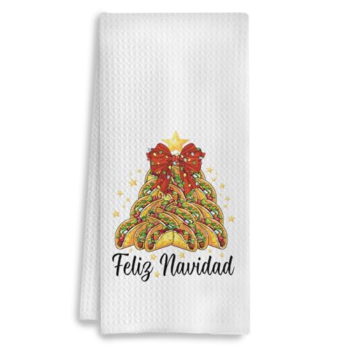 E Christmas Towels - Mexican Christmas Kitchen Towels for Taco Lovers, Red Bow Decor, 16x24 Inches