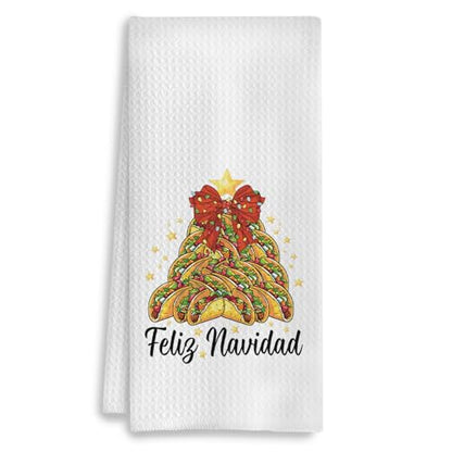 E Christmas Towels - Mexican Christmas Kitchen Towels for Taco Lovers, Red Bow Decor, 16x24 Inches