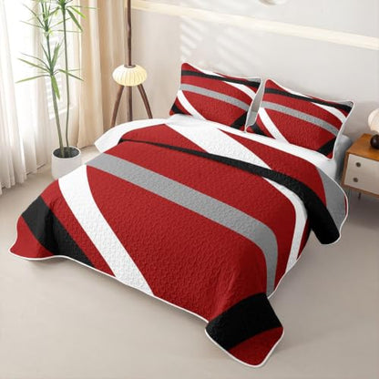 Full Size Red Gray Black Striped Quilt Set with 2 Pillowcases - Modern Geometric Bedding
