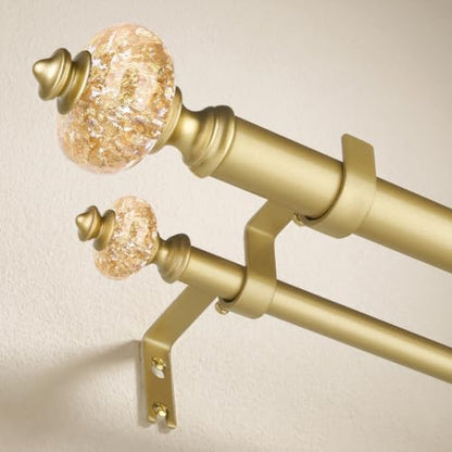 Gold Double Curtain Rod 36-91 Inch with Crystal Finials - Ornate European Style