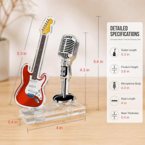 Red Acrylic Guitar and Microphone Desktop Ornament - Music Decor Stand