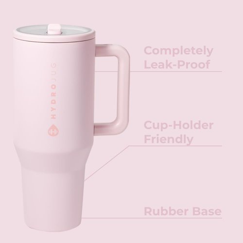 HydroJug Traveler - 32 oz Water Bottle with Handle & Flip Straw - Fits in Cup Holder, Leak Resistant Tumbler-Reusable Insulated Stainless Steel & Rubber Base - Gifts for Women & Men, Pink Sand