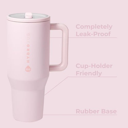 HydroJug Traveler - 32 oz Water Bottle with Handle & Flip Straw - Fits in Cup Holder, Leak Resistant Tumbler-Reusable Insulated Stainless Steel & Rubber Base - Gifts for Women & Men, Pink Sand