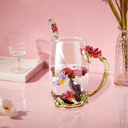 Glass Fancy Tea Cup Set with Rose Pattern and Spoon - Red Rose Variation