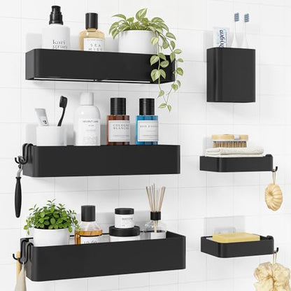 Kitsure Large Shower Caddy - 6 Pack Adhesive Bathroom Shelves Black