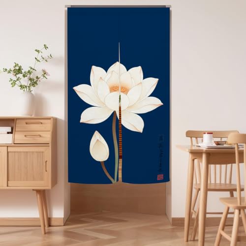 Japanese Noren Doorway Curtain - Lotus Print, Navy Blue/Blue White, 33.5x59 in - Variation: Blue White