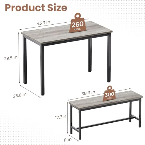 Dining Table Set for 4 with 2 Benches - Space-Saving Modern Kitchen Grey
