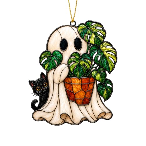 Halloween Ghost Monstera Ornament - Cat Variation, Flat Acrylic Decor, 3.94 Inch