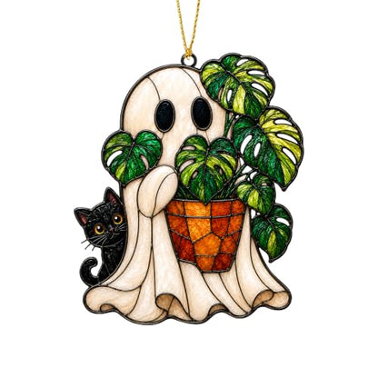 Halloween Ghost Monstera Ornament - Cat Variation, Flat Acrylic Decor, 3.94 Inch