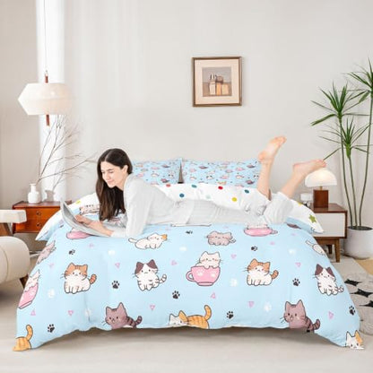 Castle Fairy Kawaii Cat Duvet Cover Set Full Size Blue 80x90 - Cartoon Animal Pet Bedding