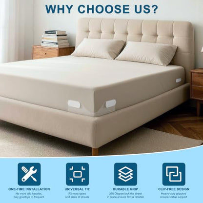 Padag Bed Sheet Holders for Corners - White, Heavy Duty Fitted Sheet Grippers for Deep Mattresses