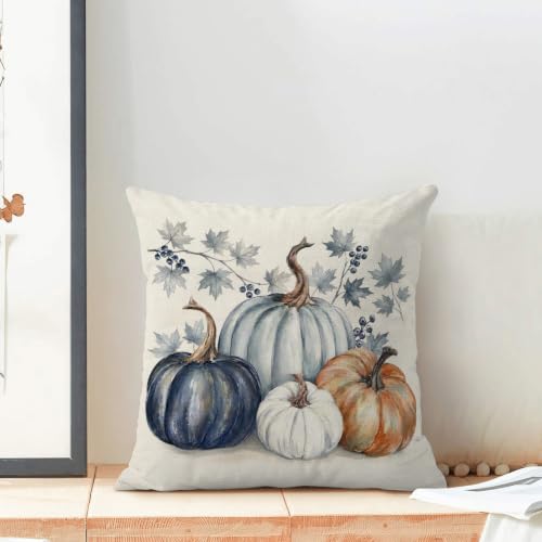 Fall Throw Pillow Covers 18x18 Inch - Pumpkin Maple Design Set of 2 - Orange Blue