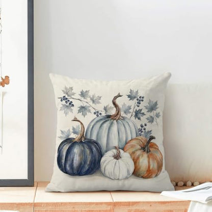Fall Throw Pillow Covers 18x18 Inch - Pumpkin Maple Design Set of 2 - Orange Blue