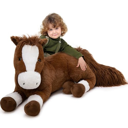 Giant Horse Plush Body Pillow - 4ft Life-Size Chocolate Horse Cuddle Toy - Kids & Adults