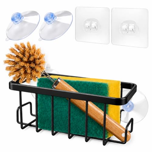 Sponge Holder for Kitchen Sink - Black Suction Cup Organizer, Rustproof