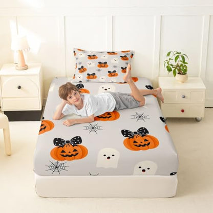 White Pumpkin Bed Sheets Set Twin Size Halloween Microfiber Deep Pocket Fitted Sheet