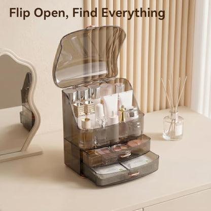 Clear Makeup Organizer Countertop with Lid & 2 Drawers for Vanity