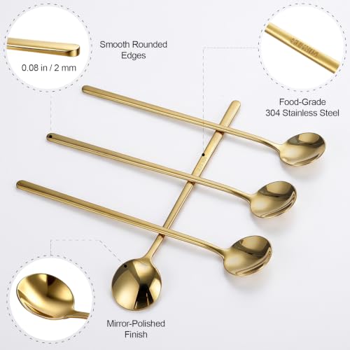 Gold Coffee Spoons Set 4 - 6.7 Inch Long Handle Teaspoons, Stainless Steel
