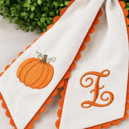 Halloween Pumpkin Wreath Sash with Embroidered Pumpkin and Orange Scalloped Trim - Fall Front Door Decor (C)