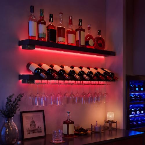 31.5 Inch Solid Wood RGB LED Floating Shelves with Remote - Black