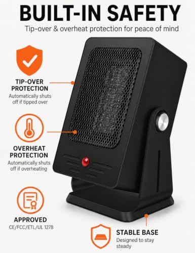Portable Space Heater for Indoor Use, 2-Second Fast Heating Compact Heater